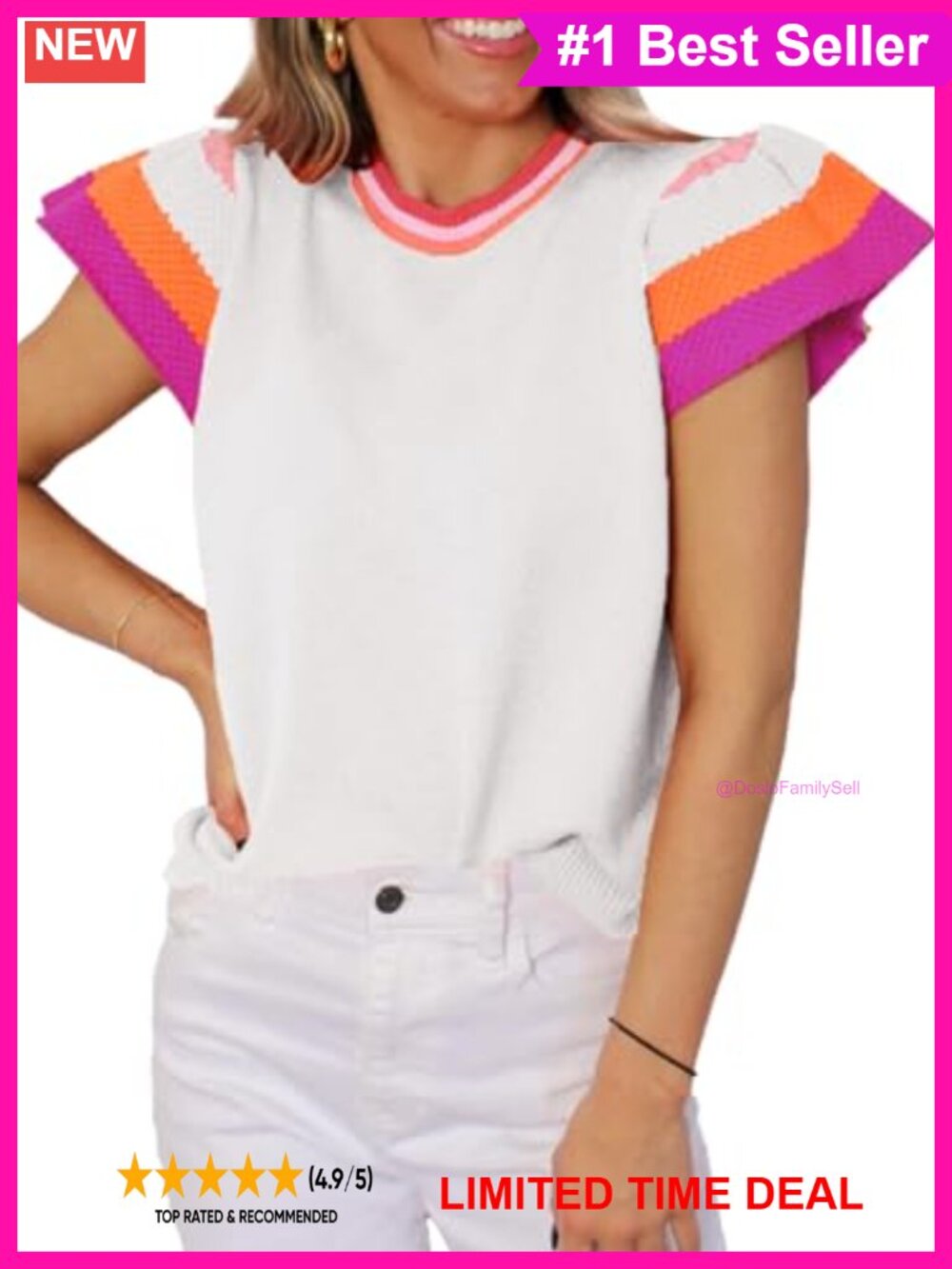 SHEWIN Womens Color Block Knit Pullover Sweater Crewneck Short Sleeve